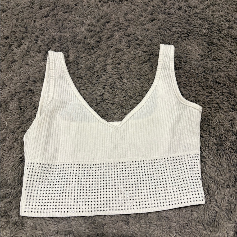 SHEIN White Ribbed Crop Top with Studded Detail